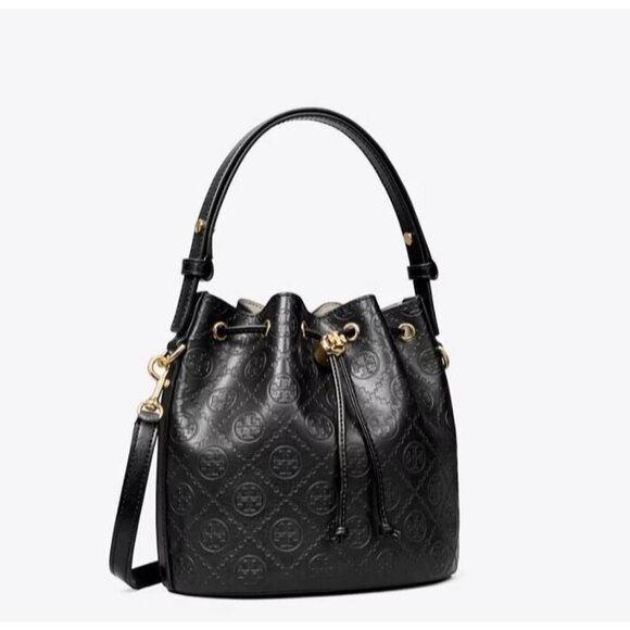 TORY BURCH T monogram logo leather bucket crossbody bag - Black (Has flaw) - Picture 1 of 15